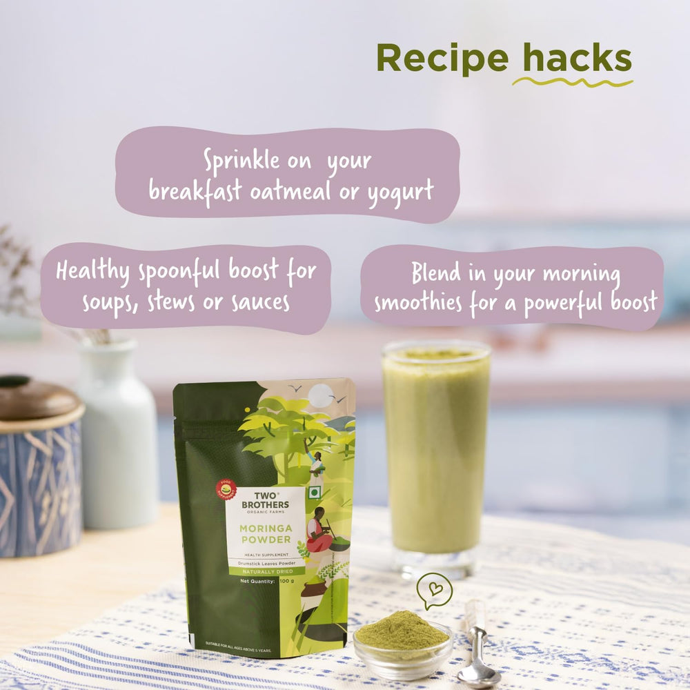 Moringa powder canister on pantry shelf from Two Brothers Organic Farms