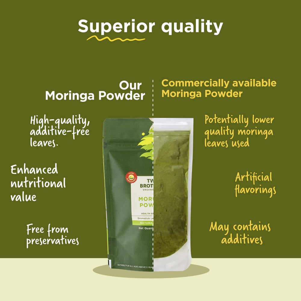 Two Brothers moringa powder scoop beside the tub for precise portions