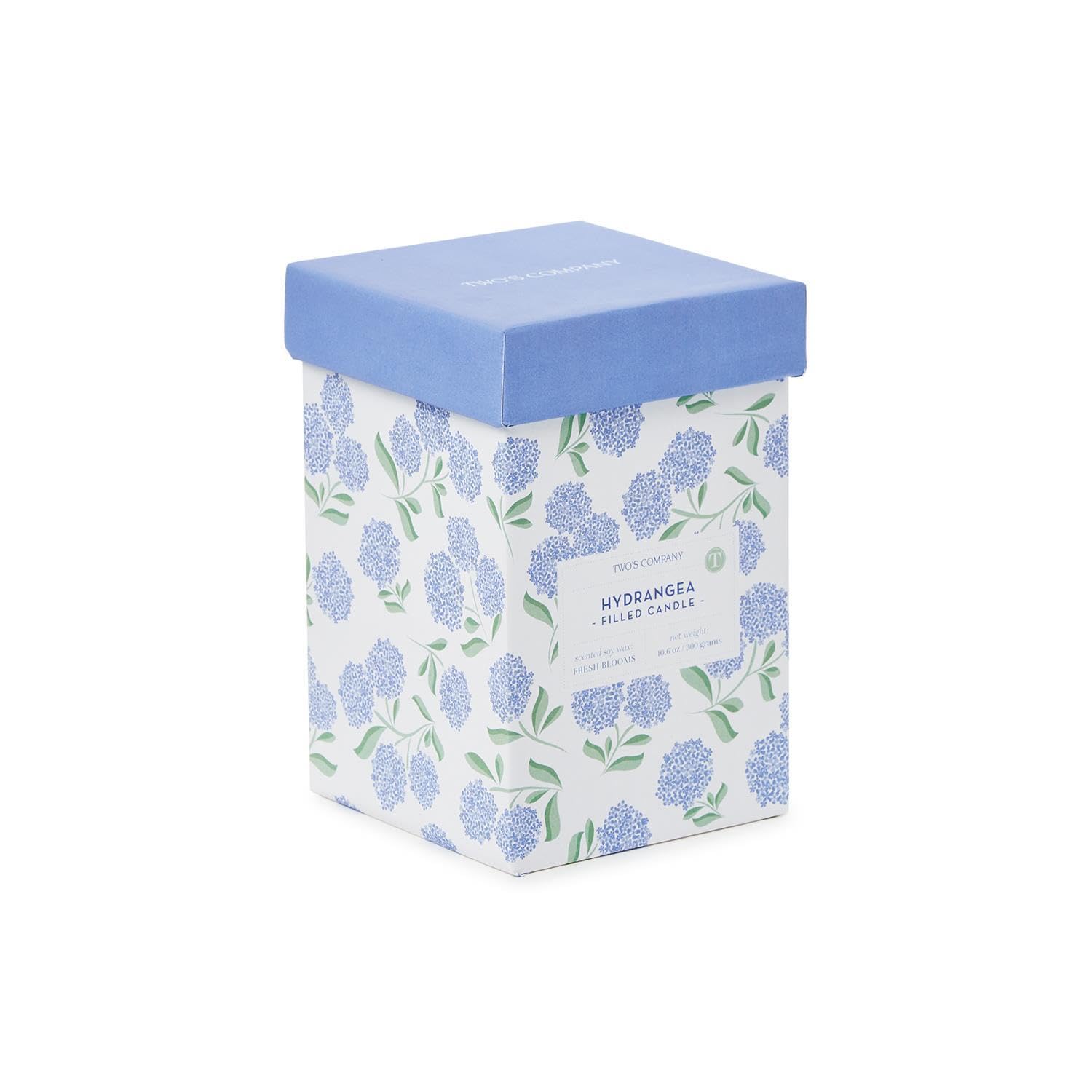 Two's Company Hydrangea Candle emits fresh blooms scent for a calming atmosphere.