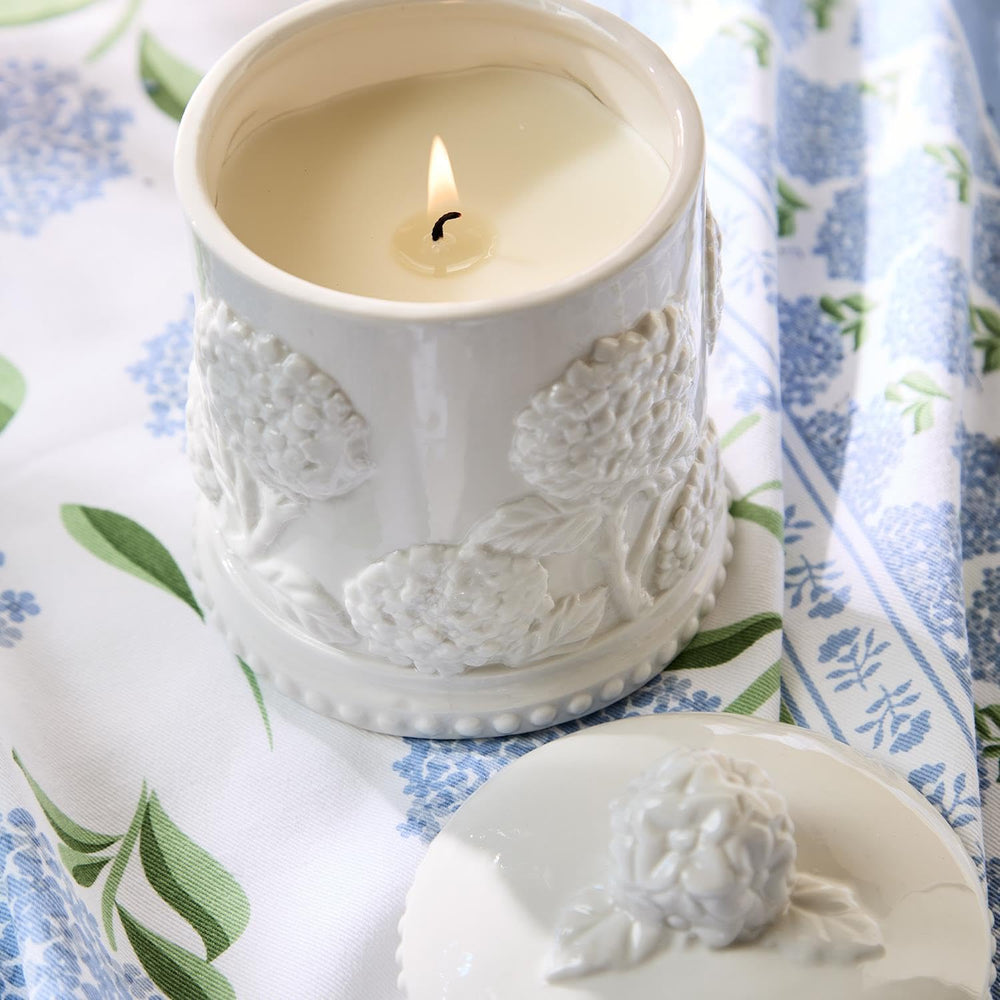Elegant gift box packaging makes Two's Company Hydrangea Candle a thoughtful present.
