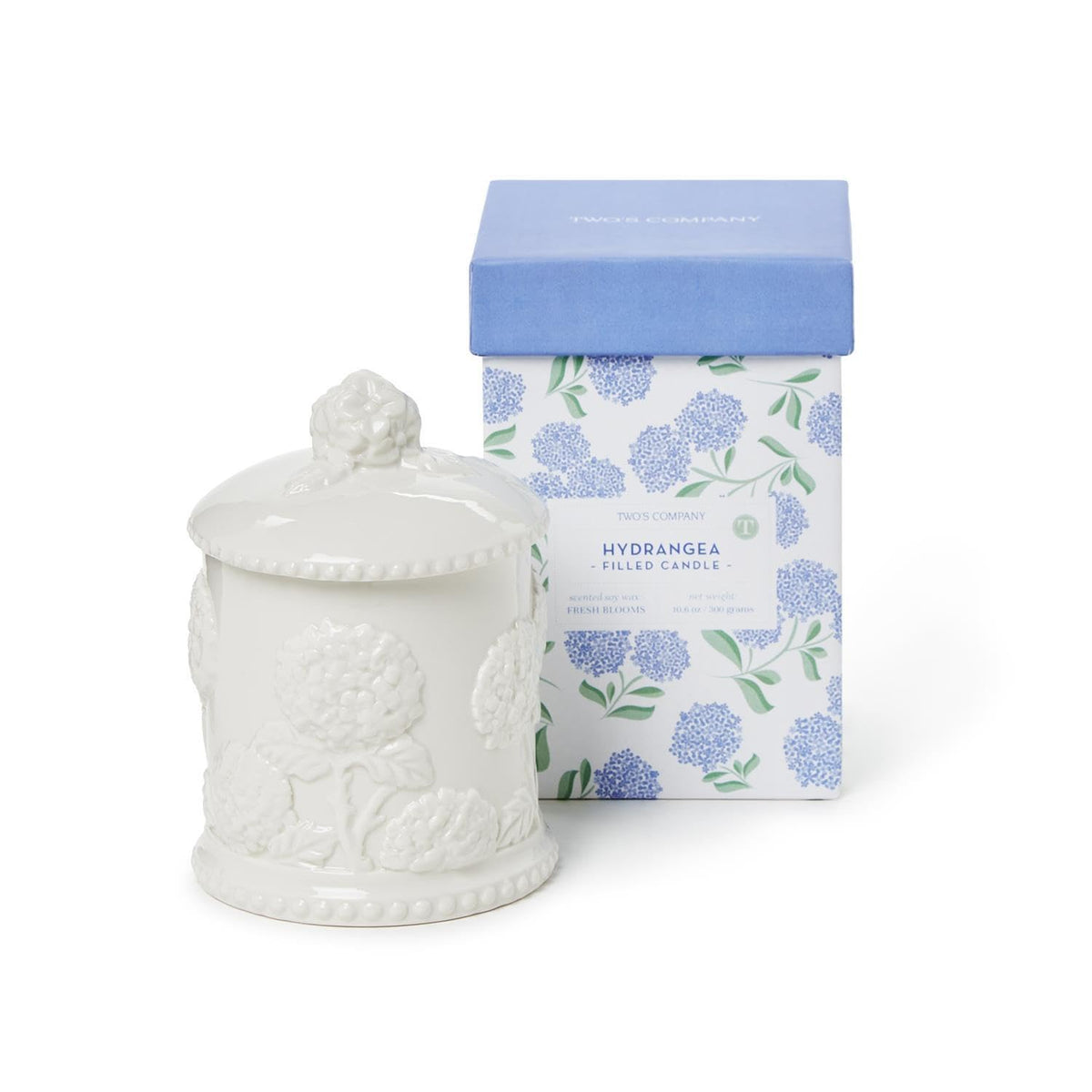 Two's Company Hydrangea Relief Candle in elegant bone porcelain adds botanical charm to decor.