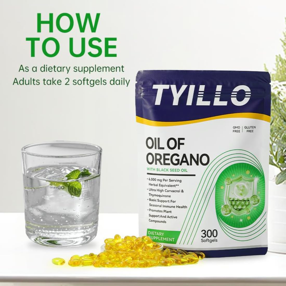 Tyillo 300-softgel bottle illustrating extended 5-month supply.