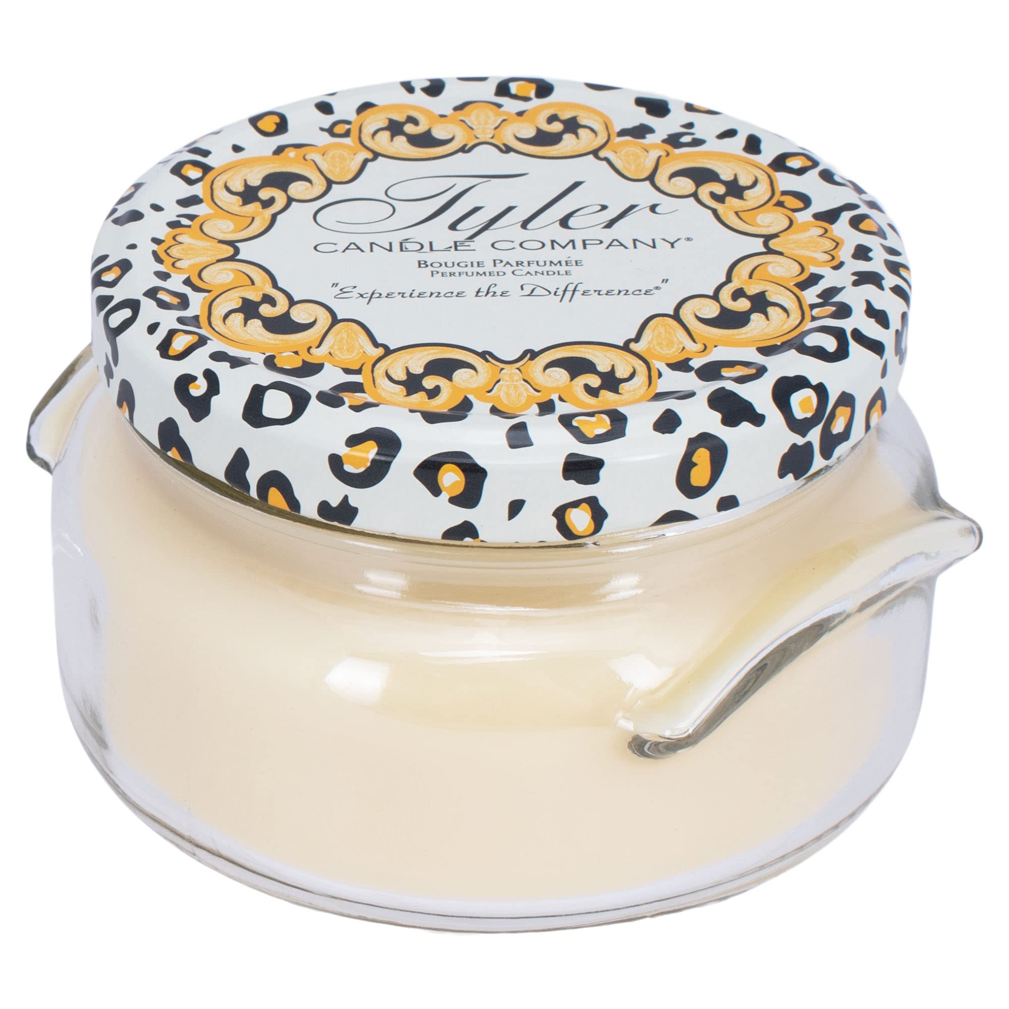 Tyler Candle Prestige Blueberry Blitz jar front glows warmly for cozy living room ambiance