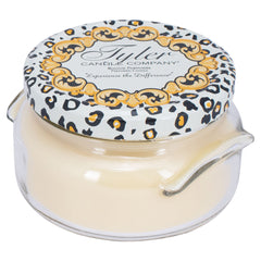 Tyler Candle Prestige Blueberry Blitz jar front glows warmly for cozy living room ambiance