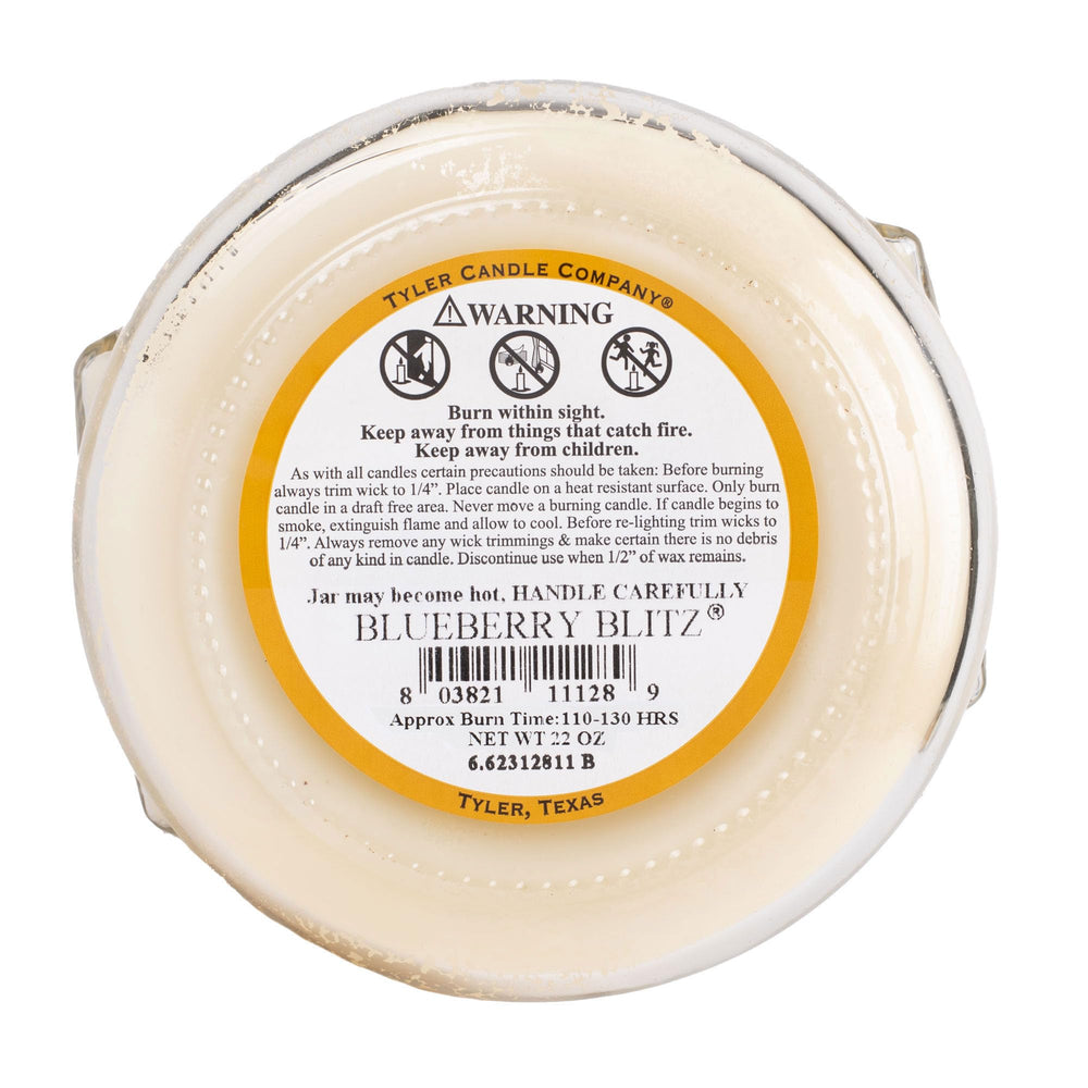 Tyler Candle Prestige Blueberry Blitz label closeup highlights branding and scent details