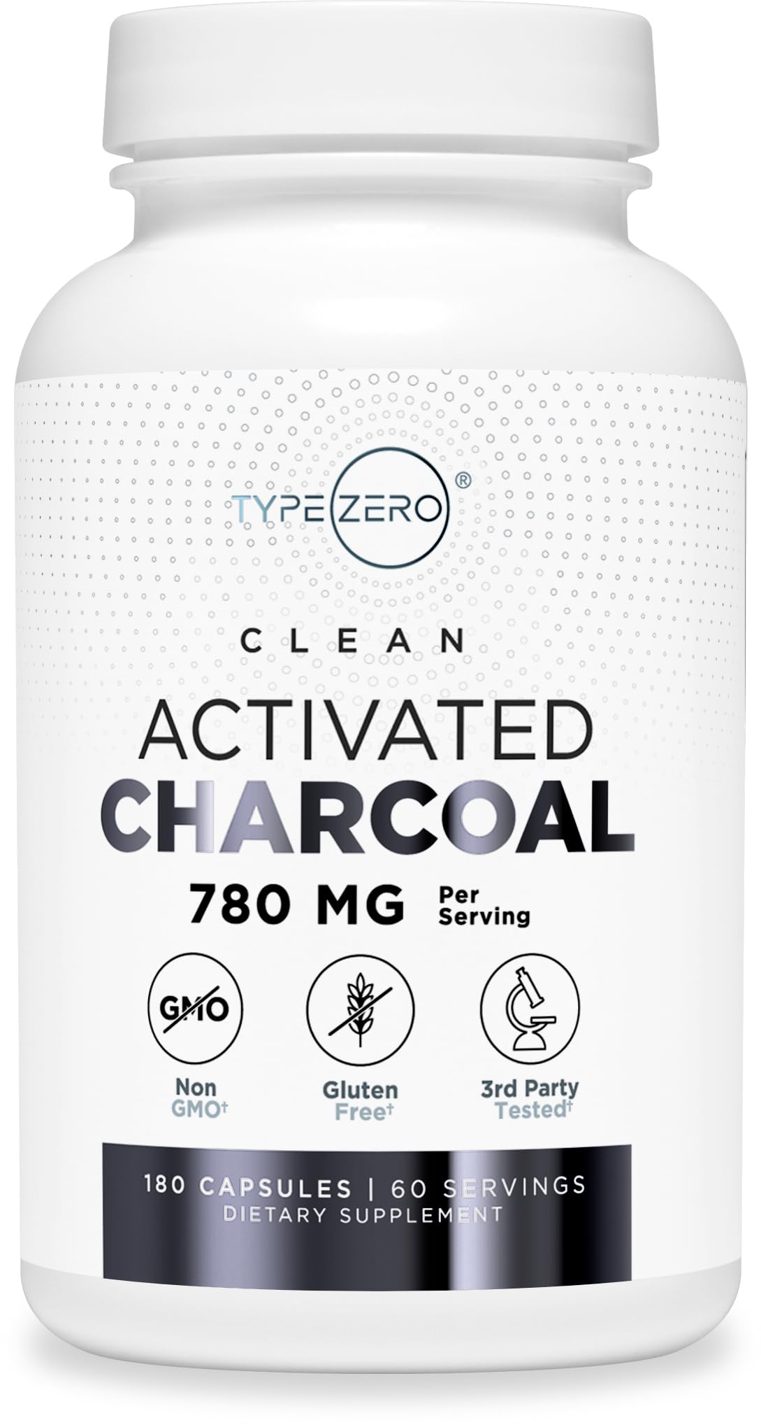 Type Zero Activated Charcoal bottle close-up showing convenient capsules for daily use