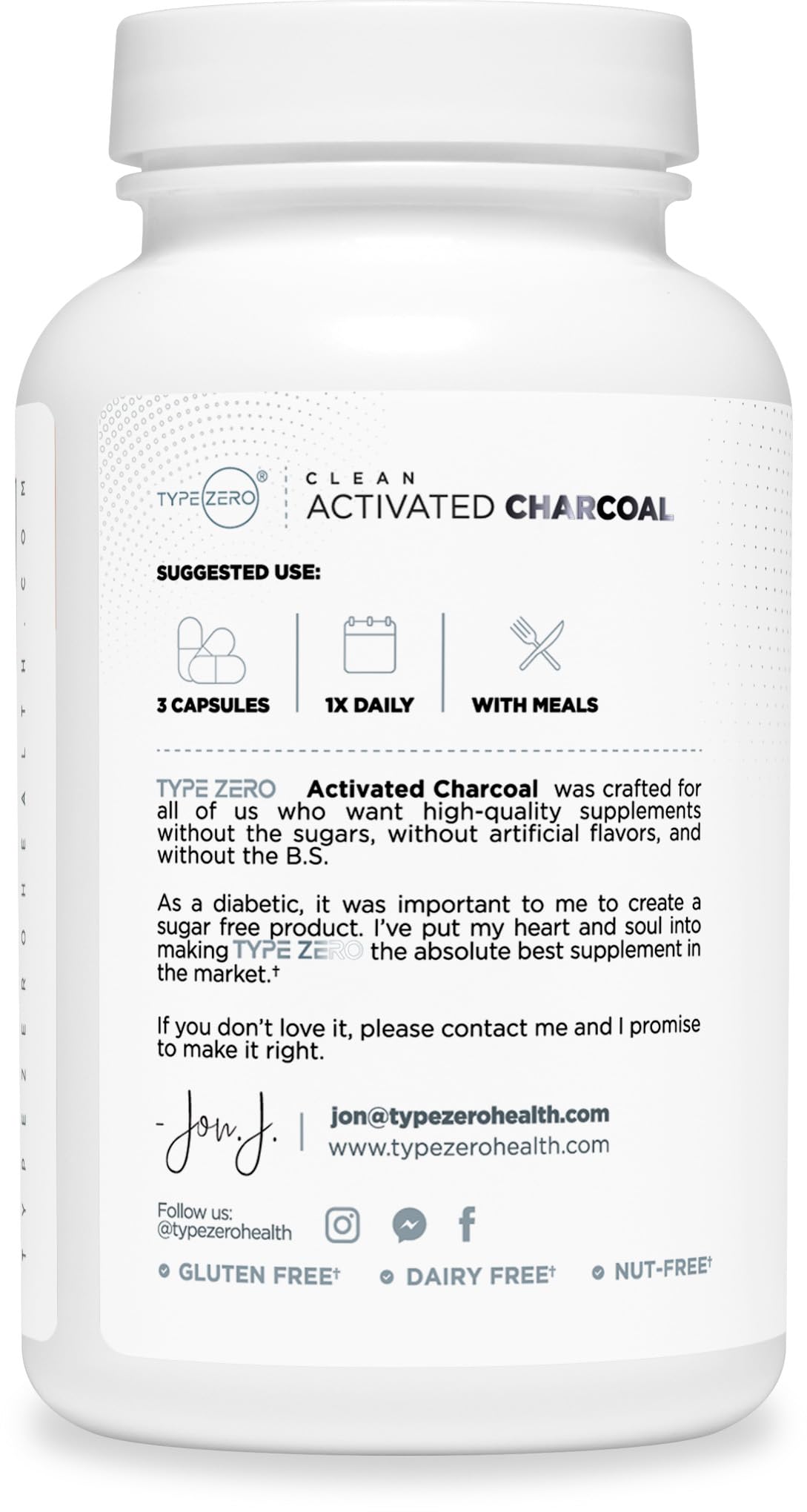 Type Zero Activated Charcoal bottle packaging emphasizing Non-GMO and gluten-free formula