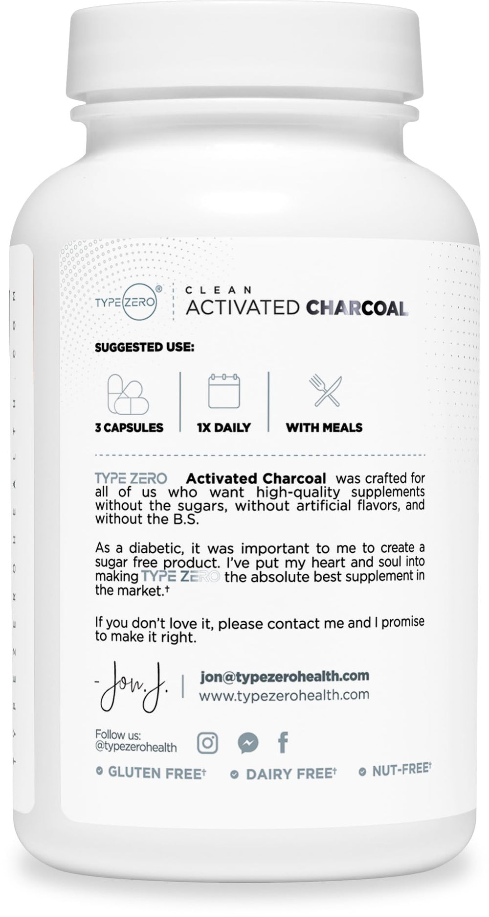 Type Zero Activated Charcoal bottle packaging emphasizing Non-GMO and gluten-free formula