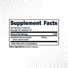 Type Zero Activated Charcoal Capsules close view highlights 780mg per serving
