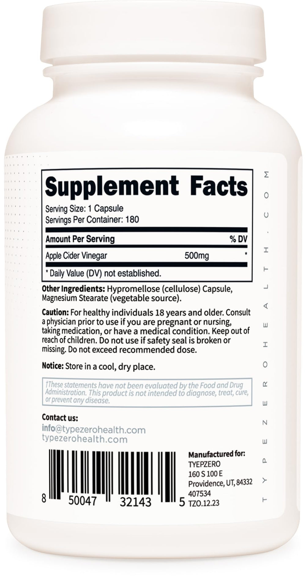 Type Zero packaging side view indicates 180 capsules per bottle.