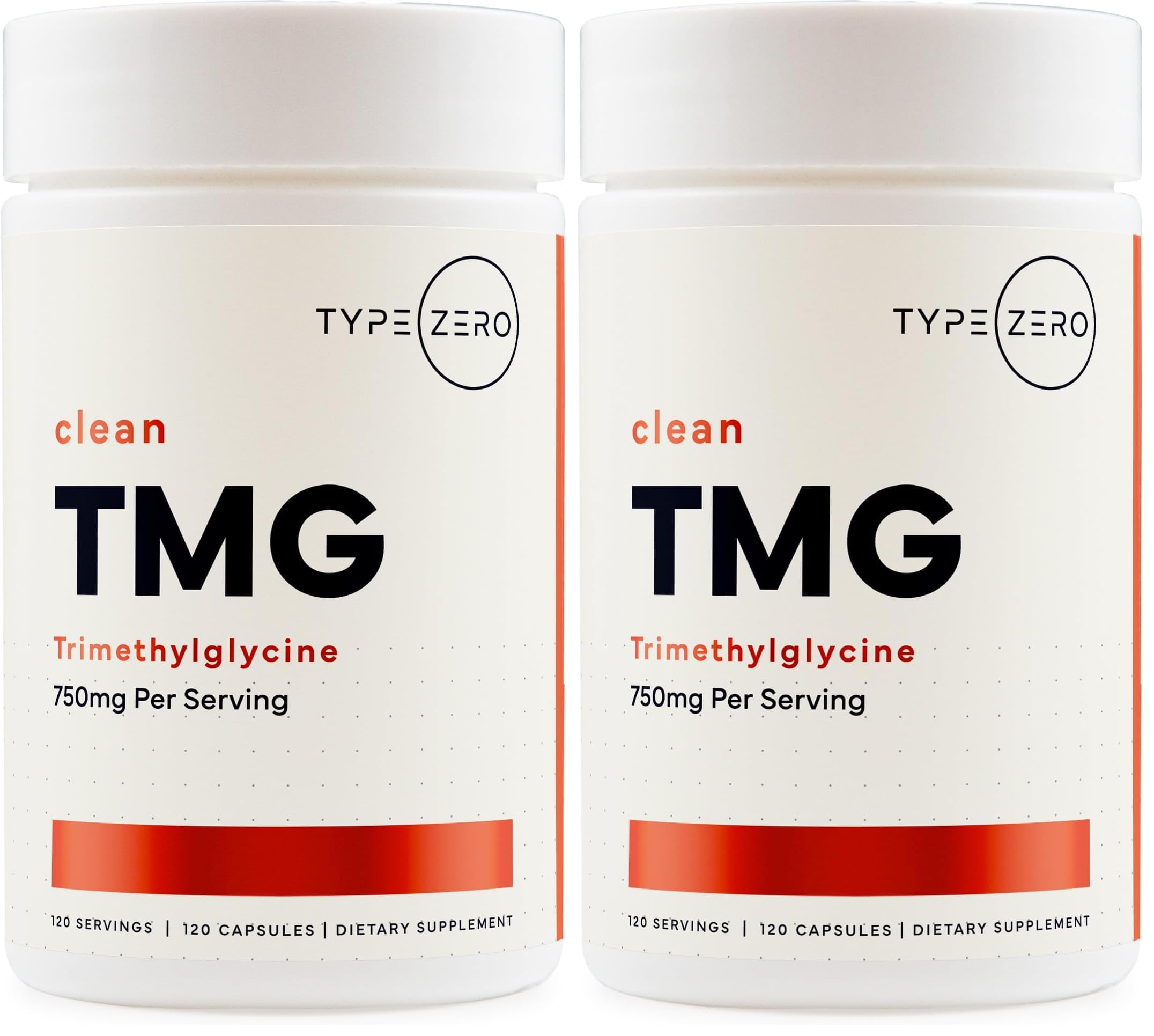 Type Zero Clean TMG capsules bottle shows 750 mg per serving for daily use.