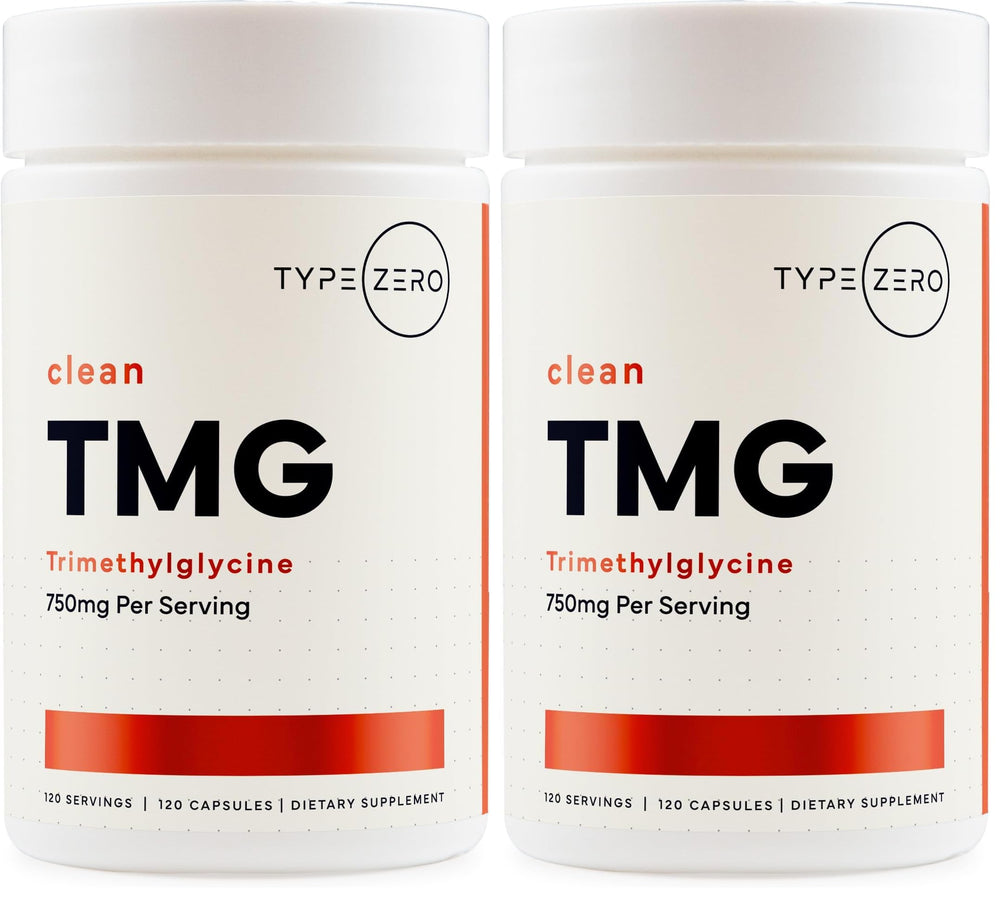 Type Zero Clean TMG capsules bottle shows 750 mg per serving for daily use.