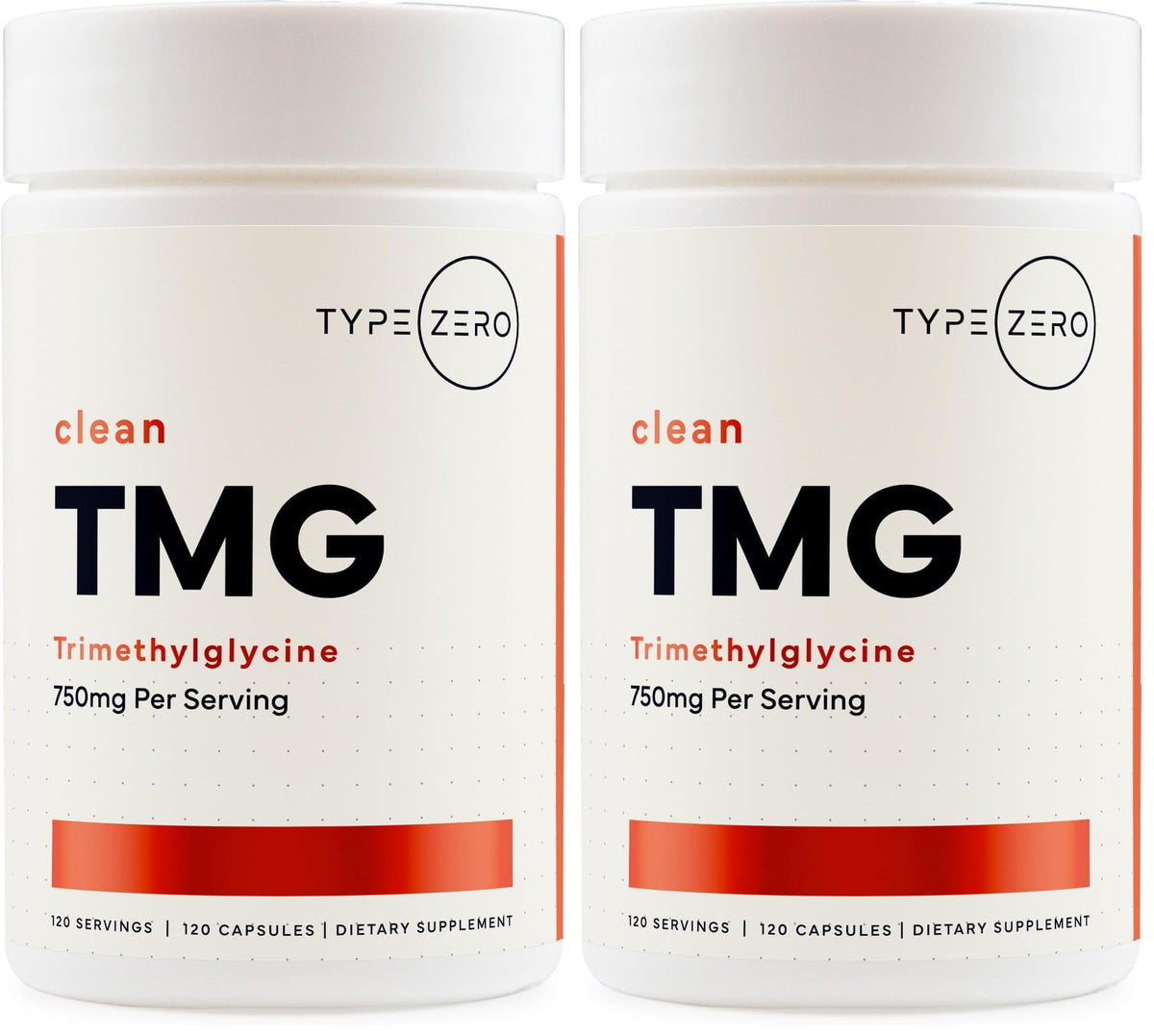Type Zero Clean TMG capsules bottle shows 750 mg per serving for daily use.