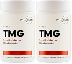 Type Zero Clean TMG capsules bottle shows 750 mg per serving for daily use.