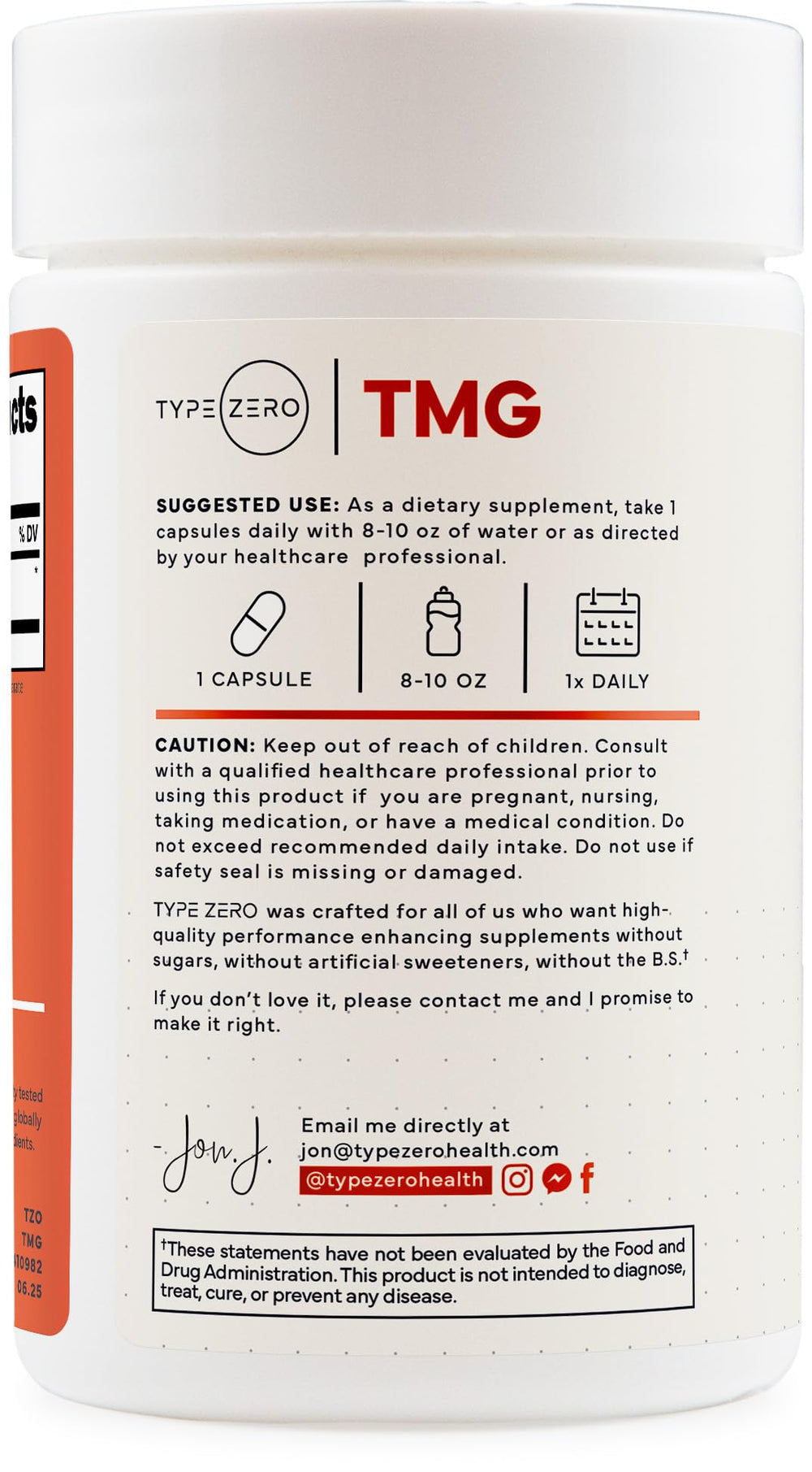 Type Zero Clean TMG capsules inside bottle for easy daily wellness routine.