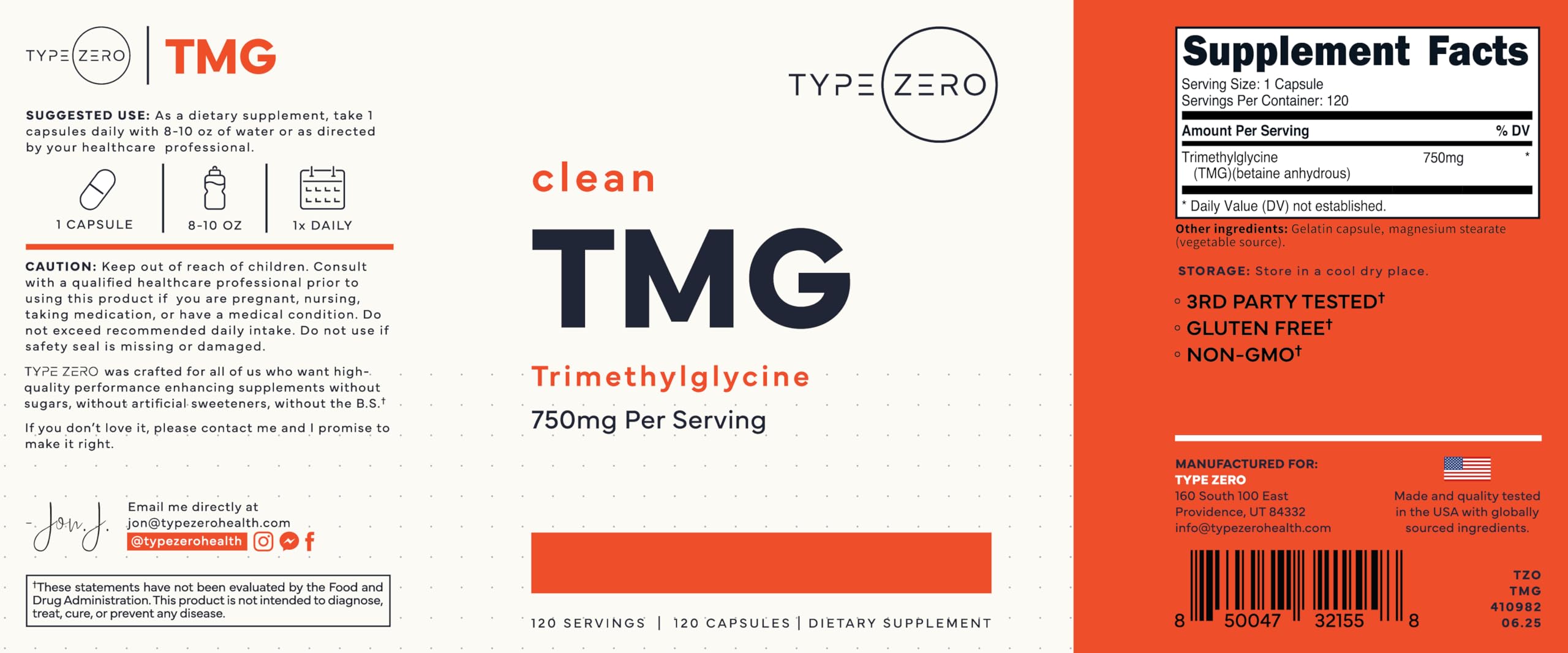 Type Zero Clean TMG capsules poured from bottle for convenient daily intake.