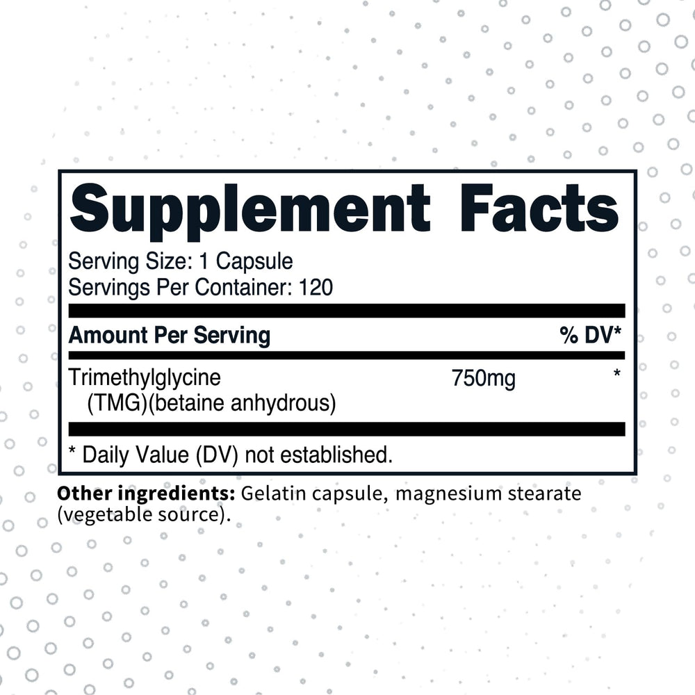 Type Zero Clean TMG label close-up highlighting per-serving dosage and branding.