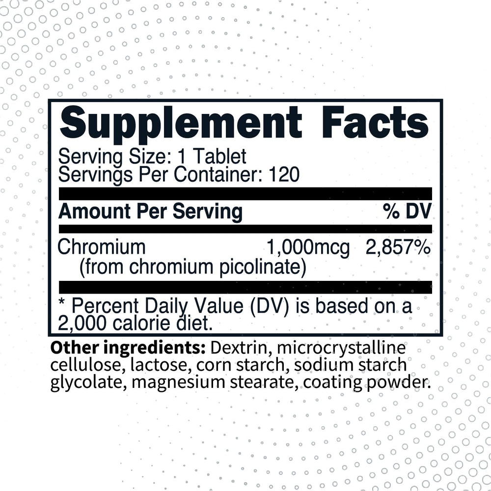 Type Zero chromium picolinate tablets serving label showing 1,000 mcg per serving