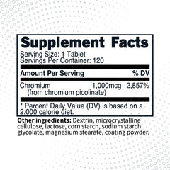 Type Zero chromium picolinate tablets serving label showing 1,000 mcg per serving