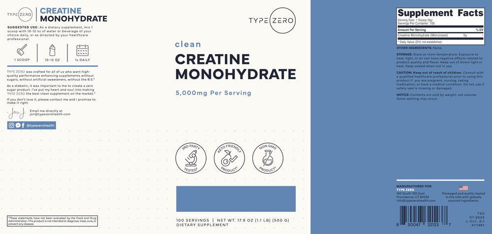 Type Zero Creatine Monohydrate used by athletes pre-workout for potential strength support.