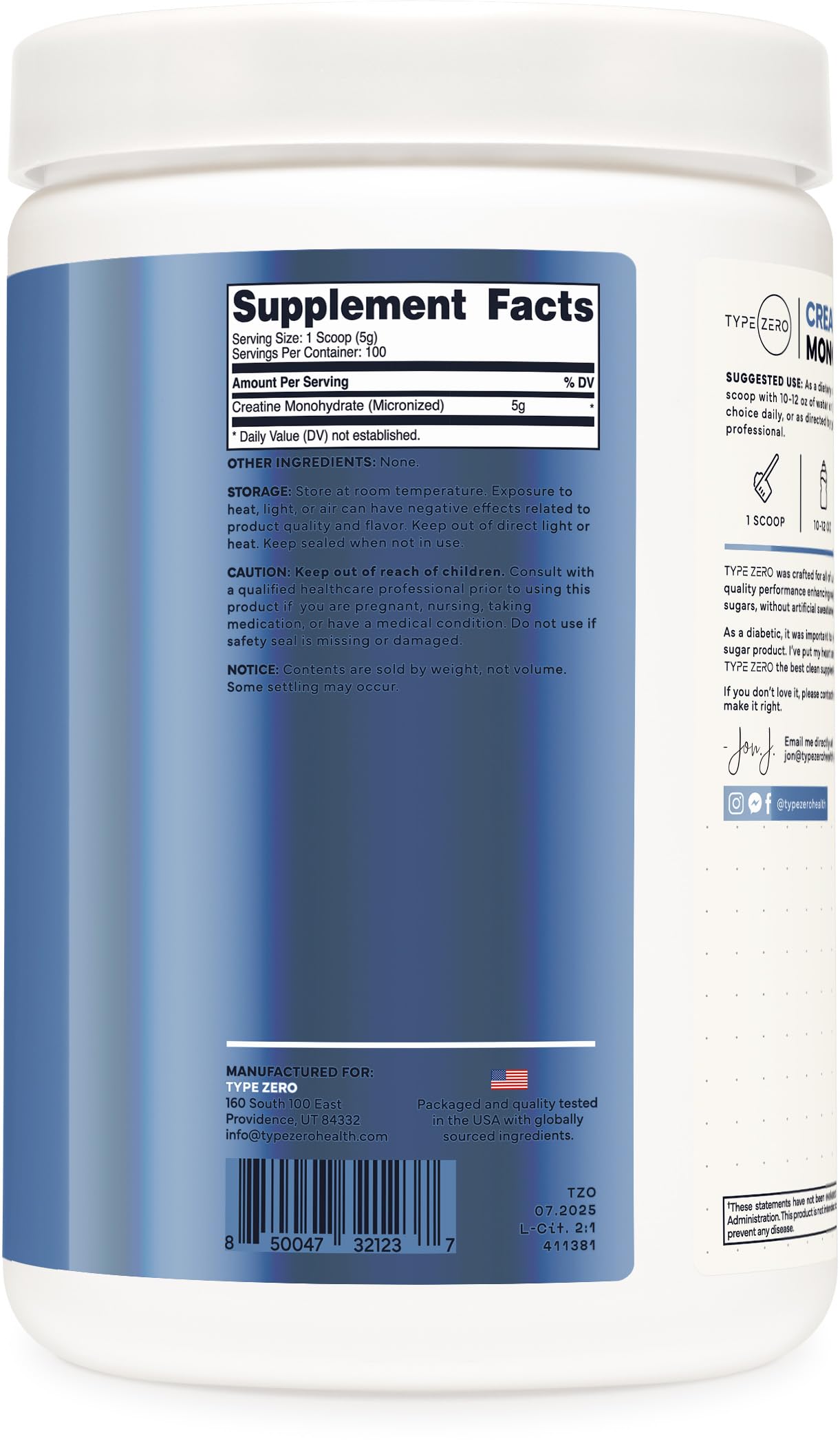 Type Zero Creatine Monohydrate mix in glass demonstrates zero sugar and gluten-free formulation.