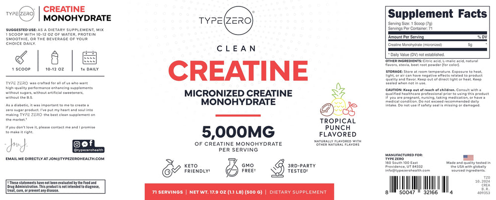 Type Zero Creatine Tropical Punch label with clear nutrition facts