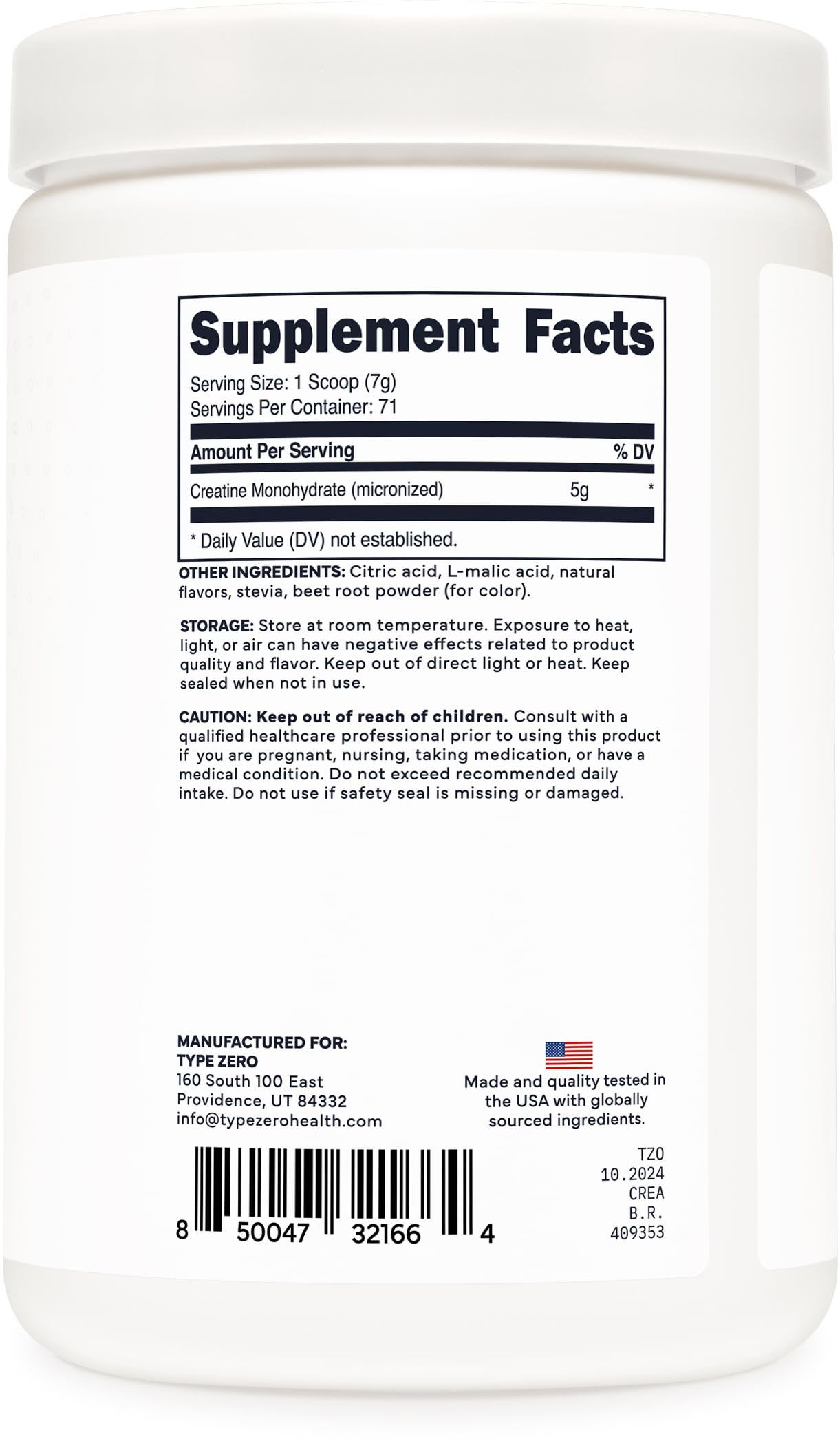 Type Zero Creatine Tropical Punch servings highlight the long-lasting tub