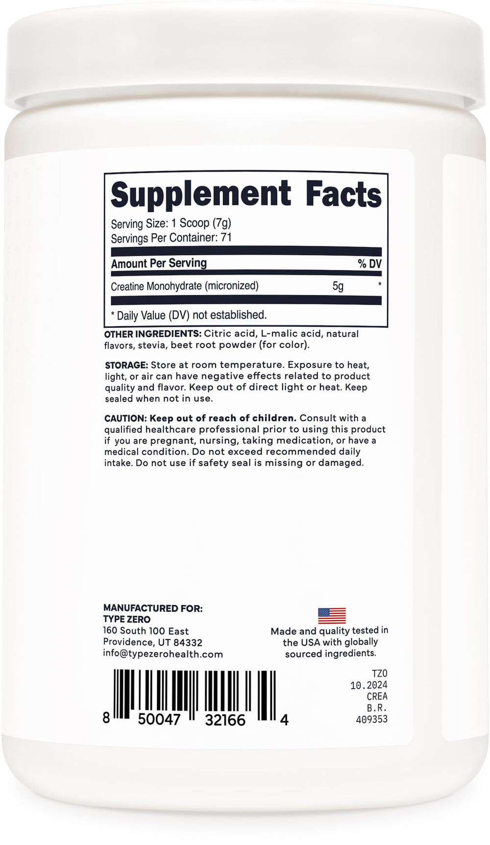 Type Zero Creatine Tropical Punch servings highlight the long-lasting tub