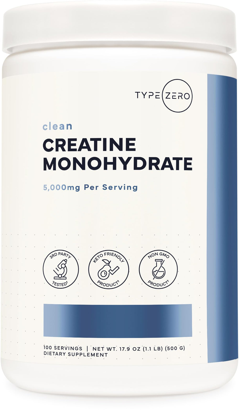 Type Zero Creatine Monohydrate powder in a jar shows premium unflavored formula for workouts.