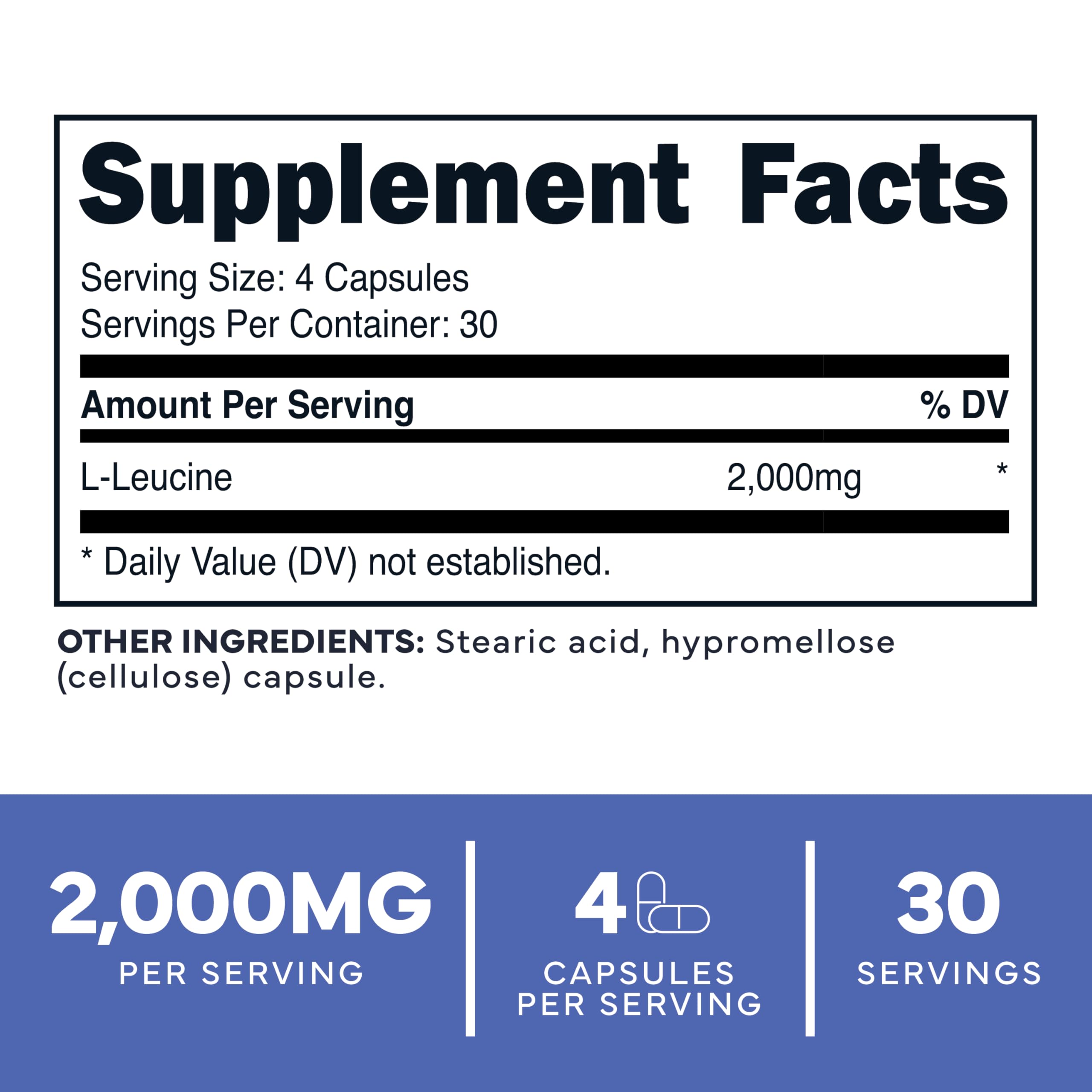 Type Zero L-Leucine capsules close-up showing 2,000 mg per serving.