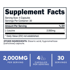 Type Zero L-Leucine capsules close-up showing 2,000 mg per serving.