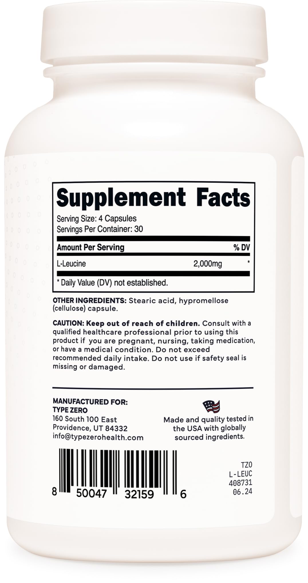 Type Zero L-Leucine with water emphasizes easy daily intake.