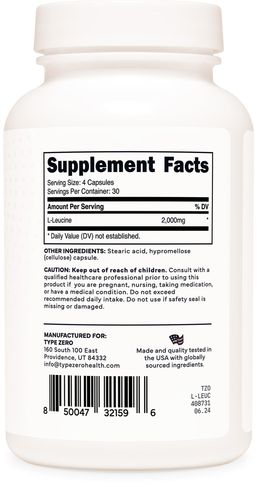 Type Zero L-Leucine with water emphasizes easy daily intake.