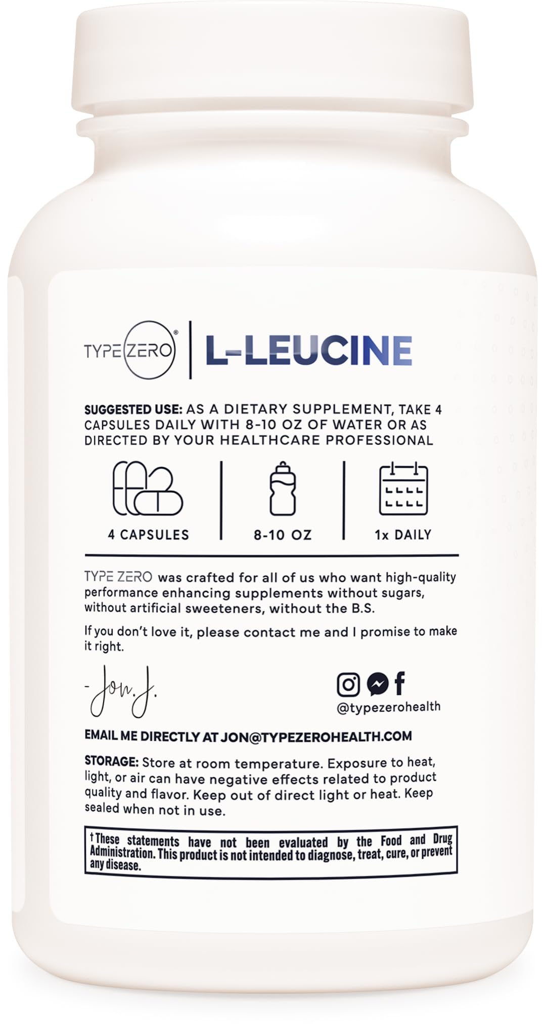 Type Zero L-Leucine serving: four capsules form a simple daily dose.