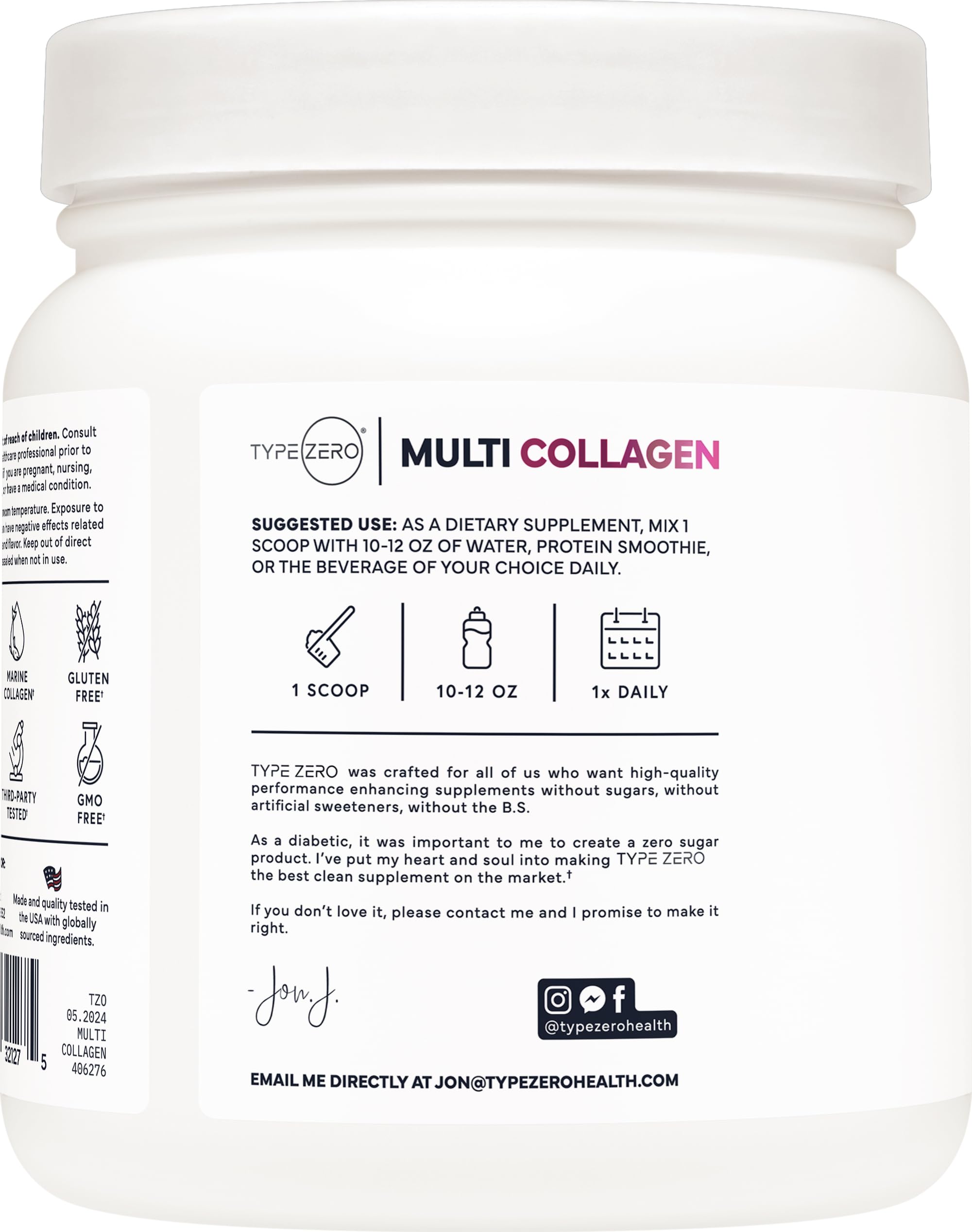 Type Zero Multi Collagen powder scoop ready for mixing in beverages.