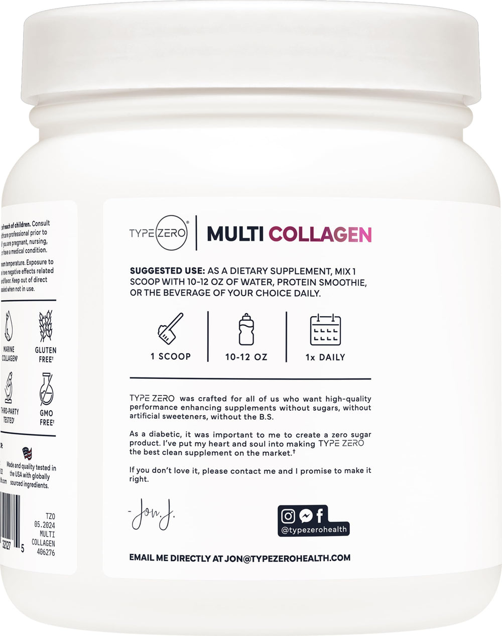 Type Zero Multi Collagen powder scoop ready for mixing in beverages.
