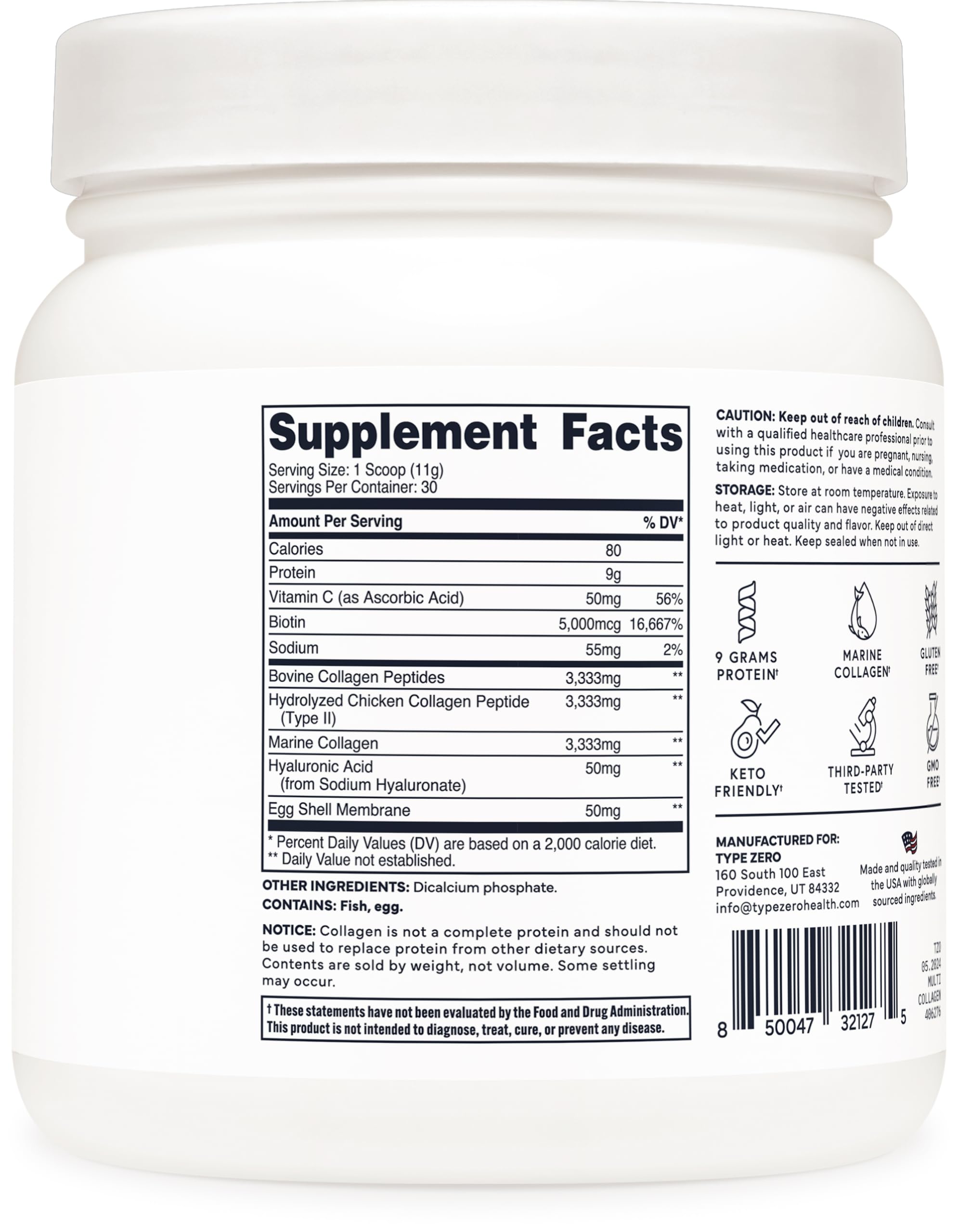 Type Zero Multi Collagen unflavored label close-up for versatile recipe blending.