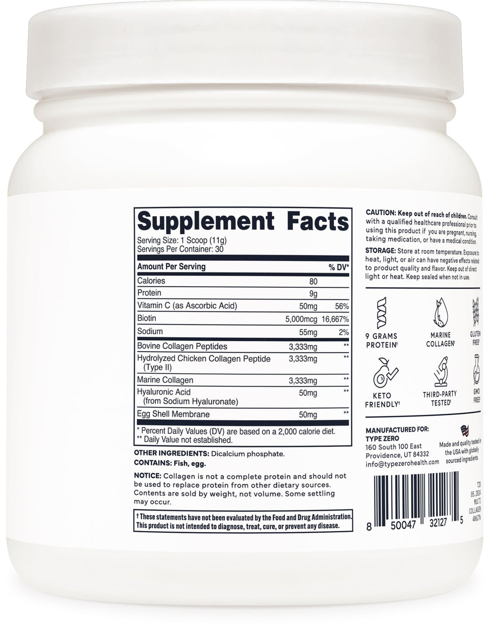 Type Zero Multi Collagen unflavored label close-up for versatile recipe blending.