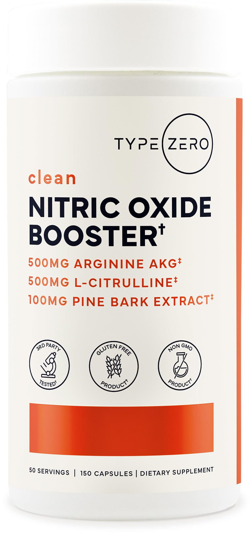 Type Zero Nitric Oxide 6X Booster bottle front view with vegan capsules.