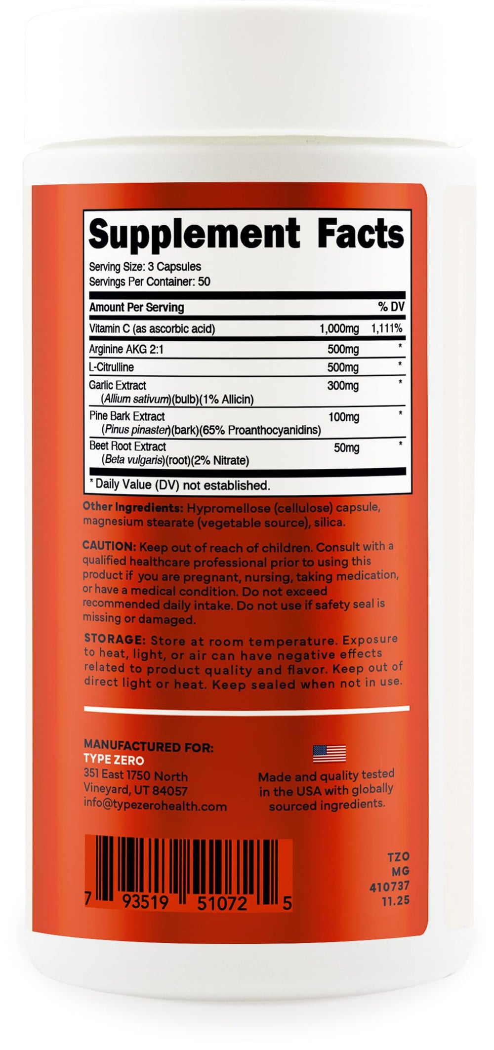 Type Zero Nitric Oxide 6X Booster arginine and citrulline ingredients highlighted.
