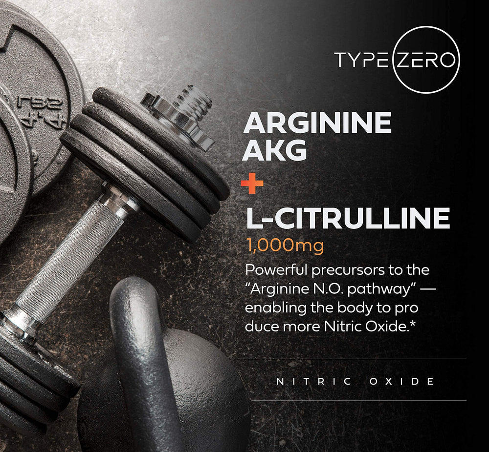Type Zero Nitric Oxide 6X Booster packaging showing non-GMO gluten-free formulation.