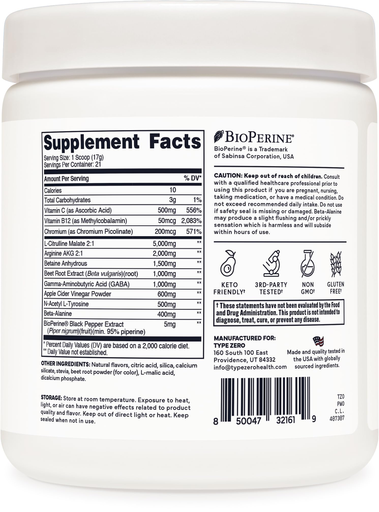 Type Zero Nitric Oxide Booster scoop with powder for enhanced workouts.