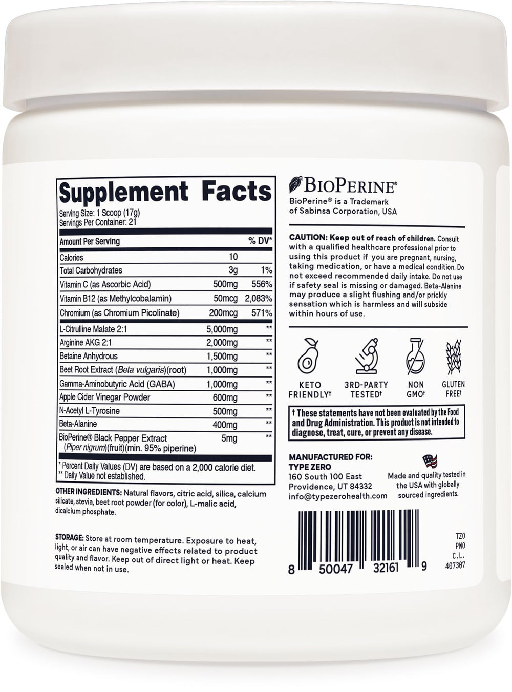 Type Zero Nitric Oxide Booster scoop with powder for enhanced workouts.