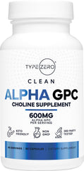 Type Zero Ultra Clean Alpha GPC bottle shows 600 mg capsules for daily focus.