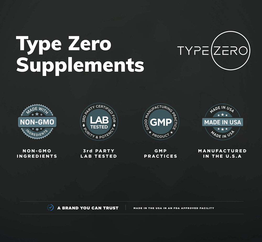 Type Zero Ultra Clean Alpha GPC bottle on shelf conveys premium, GMP-certified quality.