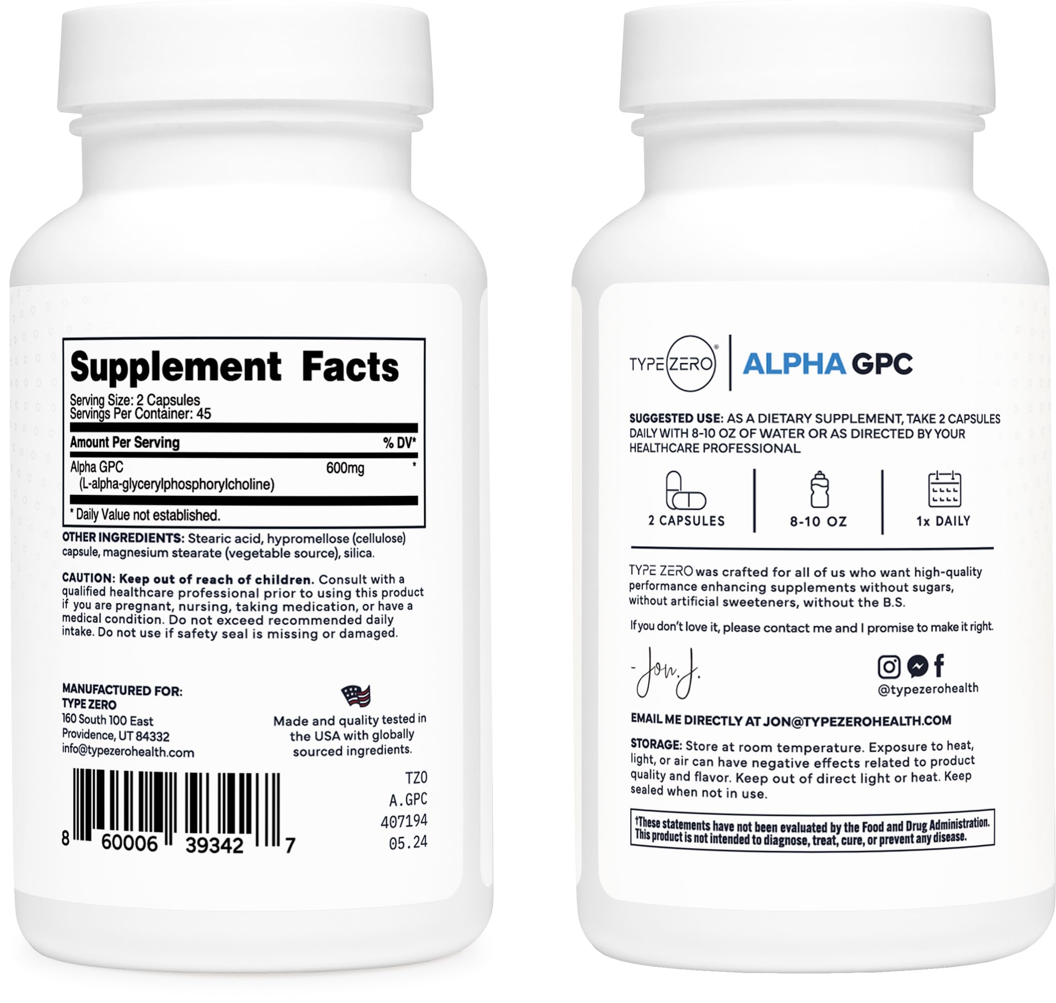 Type Zero Alpha GPC label front highlights third-party testing and vegan-friendly capsules.