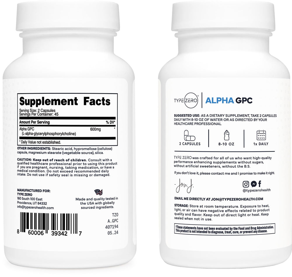 Type Zero Alpha GPC label front highlights third-party testing and vegan-friendly capsules.