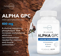Type Zero Ultra Clean Alpha GPC packaging box communicates 90 vegetarian capsules per bottle.