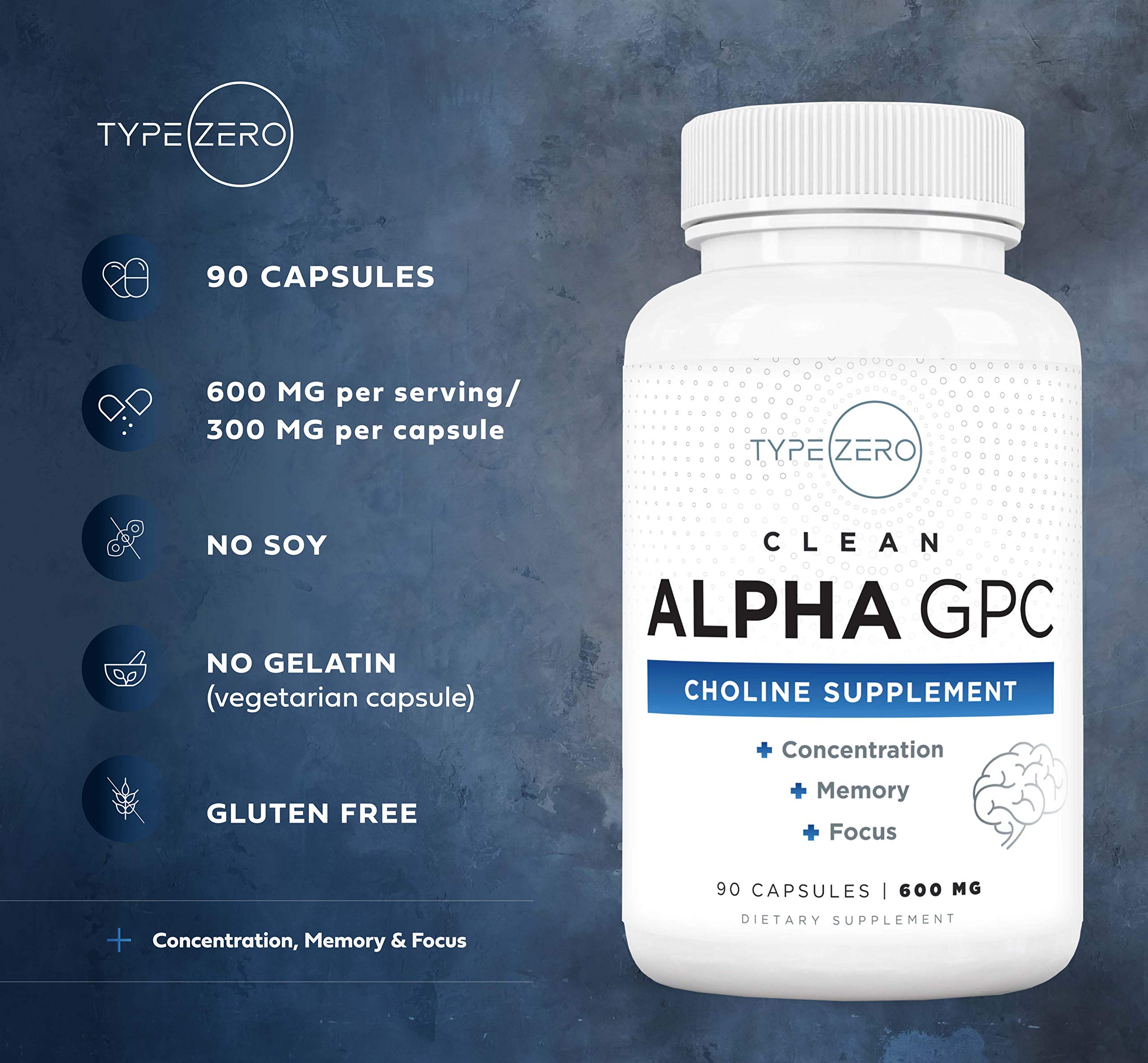 Type Zero Alpha GPC serving info graphic notes 45 servings per bottle.