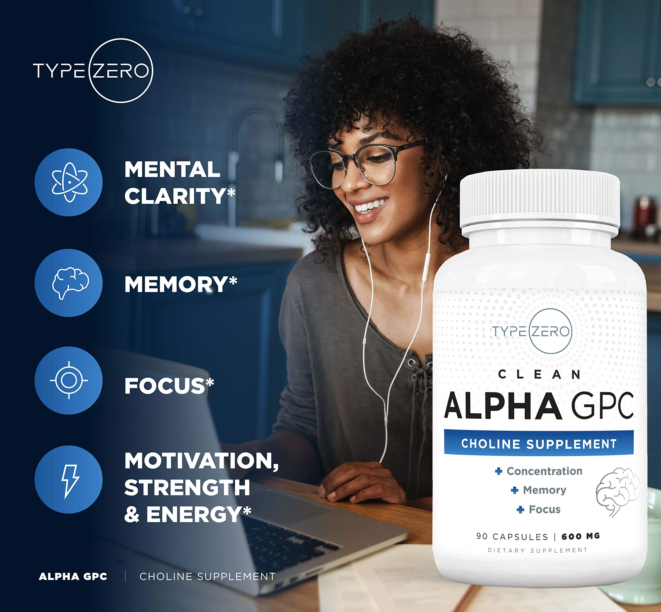 Type Zero Alpha GPC gluten-free and soy-free badge shows safe dietary options.